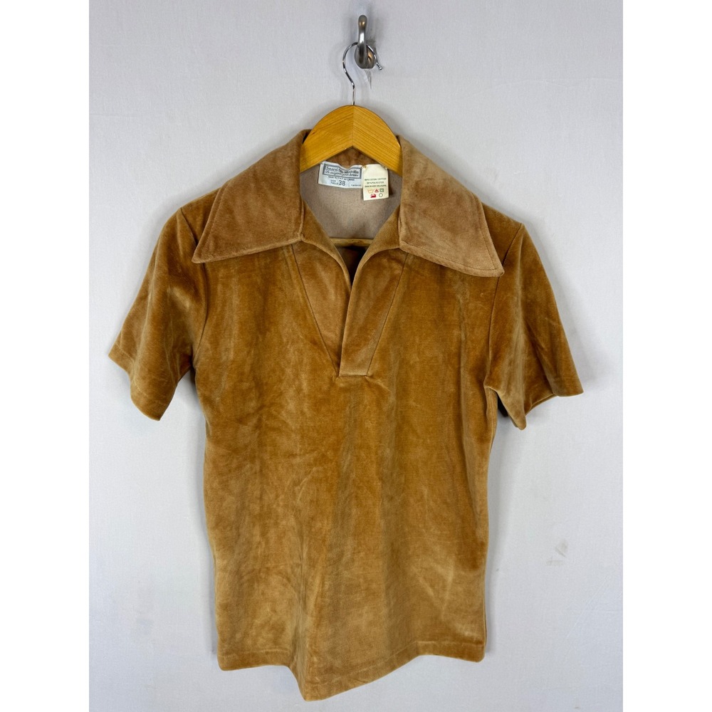 Vintage Sears Velour Polo Shirt Brown 70s Disco Collar Size 38